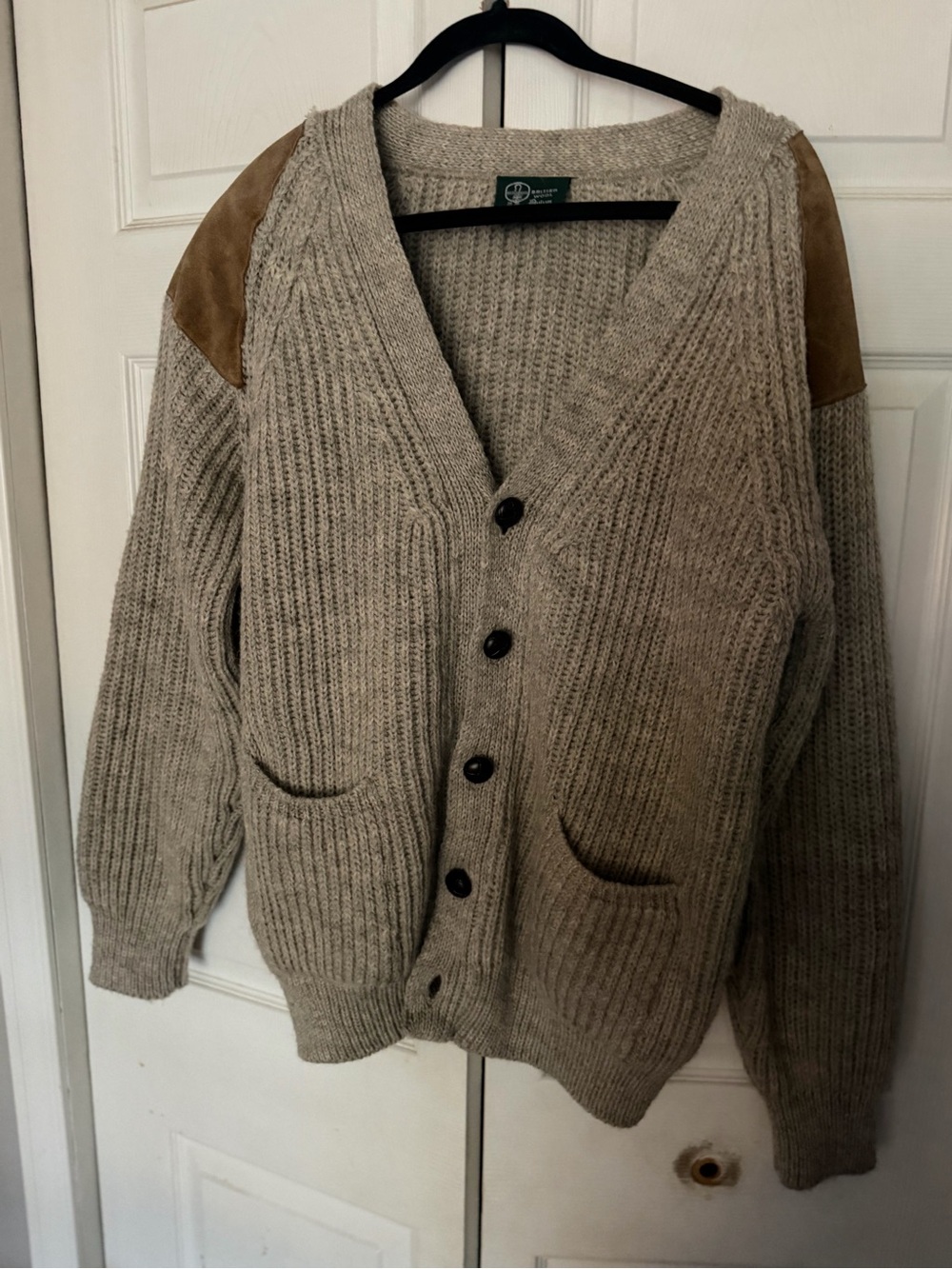 British Wool Dulyn Knitwear Button-Front Cardigan with Suede Elbow Patches Large